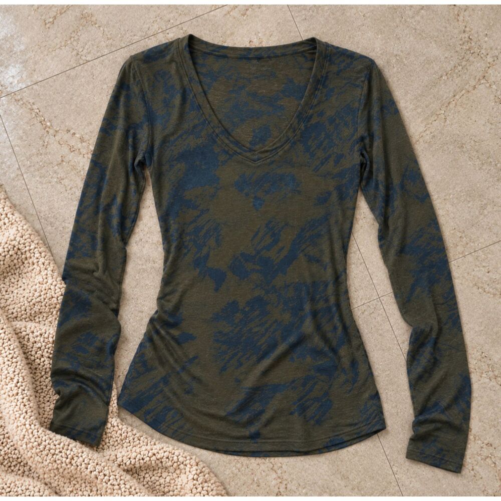 Michael Stars One Size Green Blue Abstract Print Long Sleeve V Neck Stretch Top